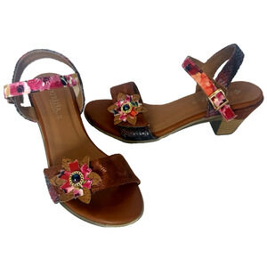 Patrizia Spring Step 3D Floral Ankle Strap‎ Heel Sandals Leather Womens 8.5 39